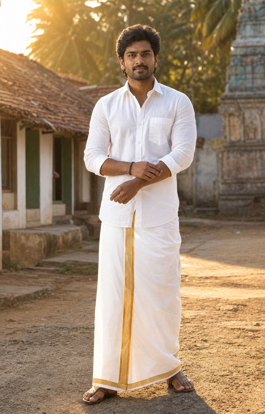 Tamil White Shirt Veshti Hero Gemini AI Photo Prompt AI Photo Template