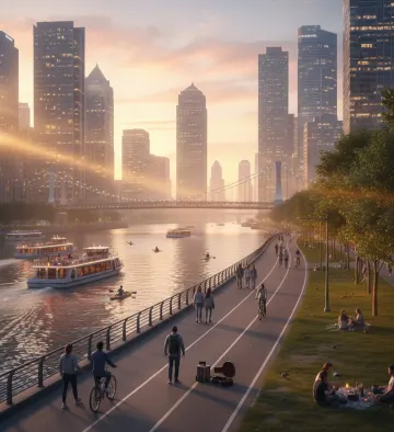 city-riverwalk-sunset-skyline-biking-picnic