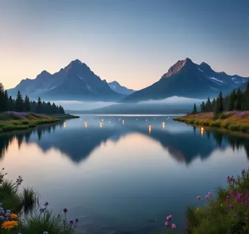 mountain-lake-lanterns-twilight-landscape