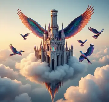 Flying Fantasy Castle with Colorful Winged Birds in the Clouds