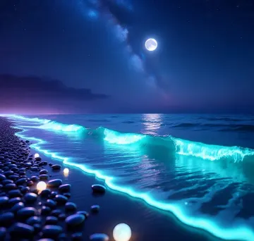 Bioluminescent Beach Under Moonlit Milky Way
