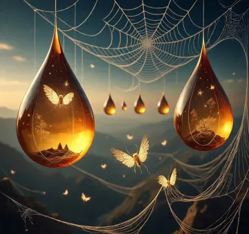 Golden Dewdrop Dreamscape with Ethereal Butterflies and Spiderweb Fantasy