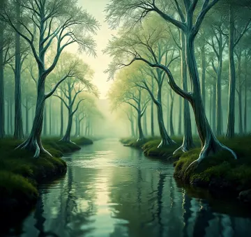 Mystical Green Forest Stream Landscape
