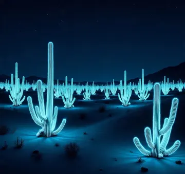 Neon Cactus Desert at Night with Glowing Blue Lights