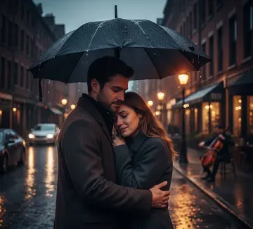 A romantic couple shares a tearful embrace under an umbrella on a rainy city street