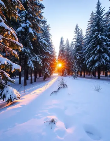 Winter Sunrise in Snowy Pine Forest