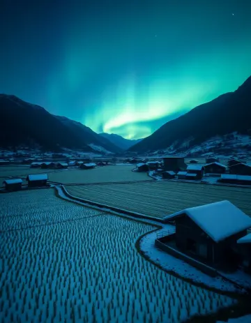 Aurora Over Frozen Winter Rice Fields
