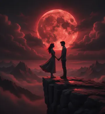Romantic Cliffside Couple Under Red Moon – Dramatic Landscape Photography
