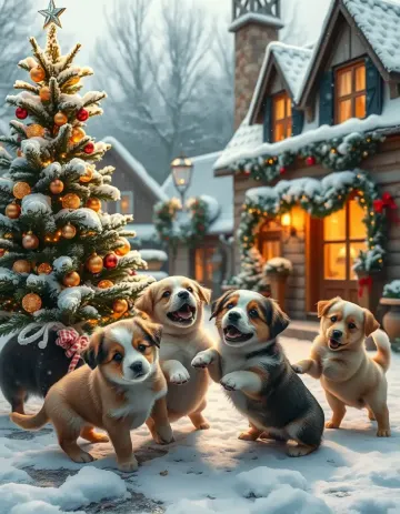 Winter Puppies Under the Christmas Tree – Village Festive Scene