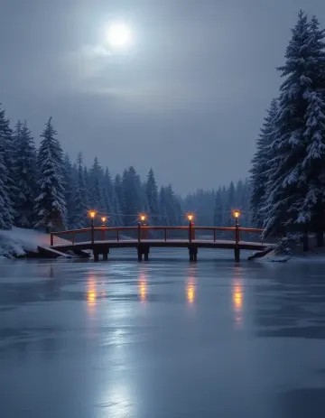 Frozen Lake with Lantern-lit Bridge