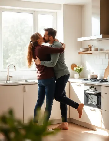 Hugging kissing kitchen couple