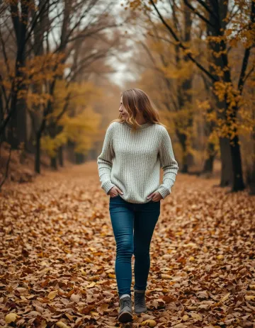Sad autumn wallpaper of a lonely girl walking among leaves.