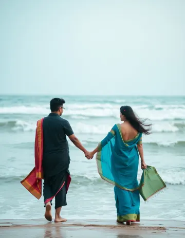 Blue saree romantic couple ocean
