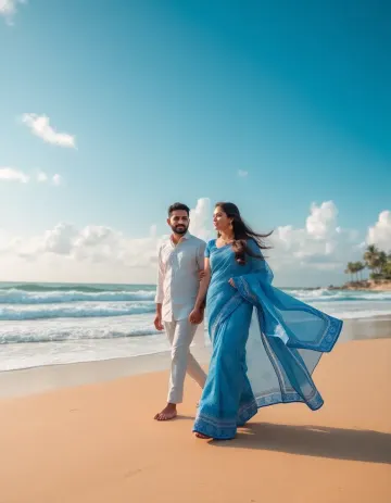 Ocean beach blue saree couple walk