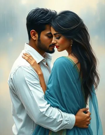 Romantic Rain Blue Saree Couple Wallpaper New