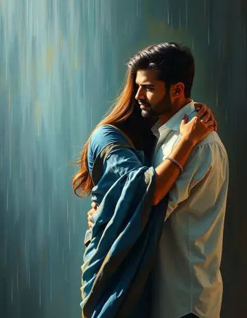Woman in a blue saree and a man in a white shirt 