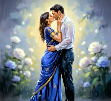 Lovers romance on rain
