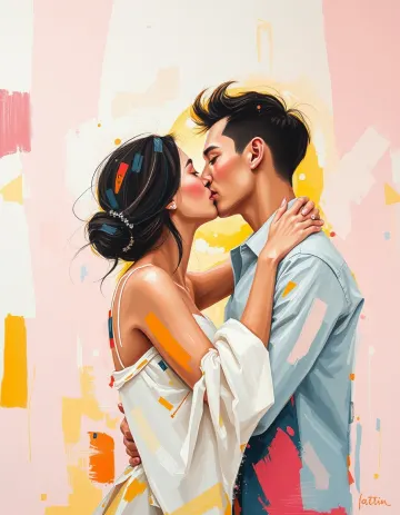 Couple kissing tenderly in a softly lit bedroom