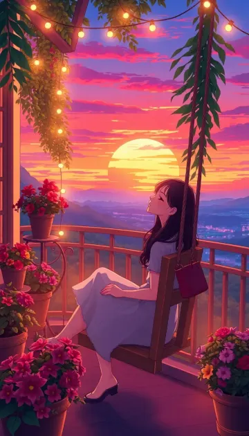 Anime girl sitting balcony on sunset