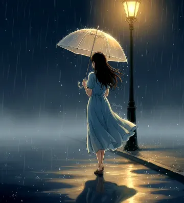Aesthetic Anime Girl in Blue Dress Walking under Street Lamp at Night (Back View) 