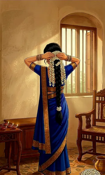 Elegant Tamil Woman in Royal Blue Saree with Jasmine Flowers - Traditional Anime Illustration 