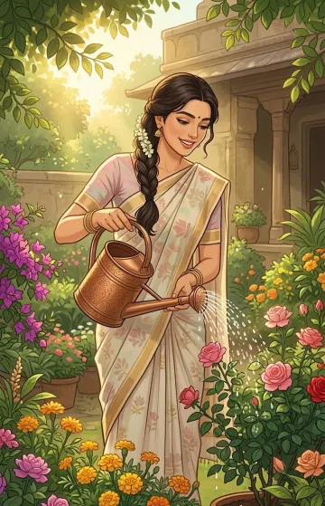 ​Serene Garden Bloom: Traditional Indian Woman Watering Flowers. 