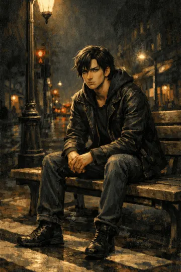 Man sitting alone under street lamp