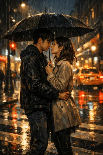 Romantic rainy street moment 4k wallpaper