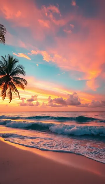 Realistic tropical beach during sunset