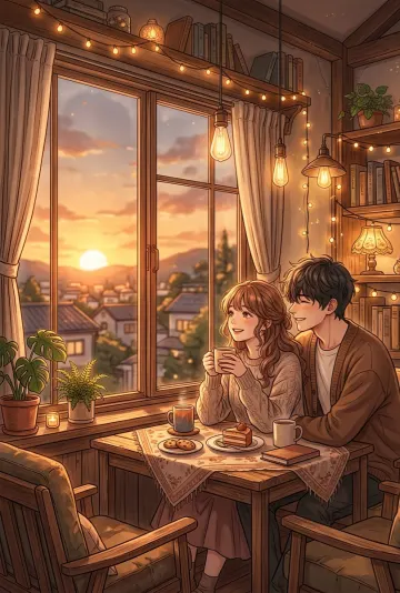 cozy anime couple cafe sunset