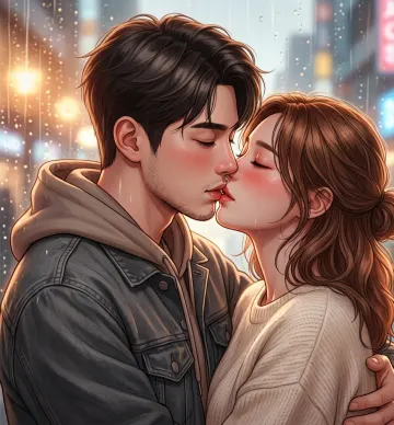 Romantic Manhwa Couple Kiss in Rainy Night