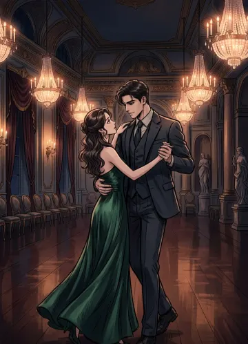 Dangerous Slow Dance: Romantic Mafia Couple in Ballroom – Korean Webtoon Style Art