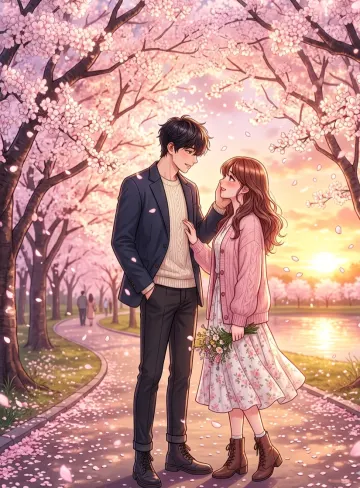 Romantic Webtoon Couple Under Cherry Blossoms | Korean Manhwa Wallpaper