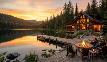 Luxury Lake Cabin Sunset Dock Firepit 4K Wallpaper