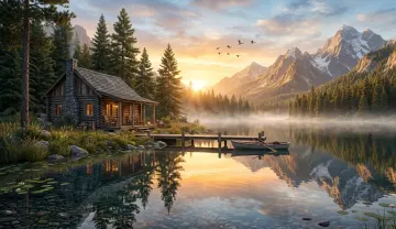Peaceful Mountain Lake Cabin 4K Wallpaper – Serene Nature Escape