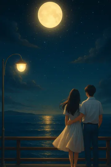 Romantic Couple Watching Full Moon Over the Ocean