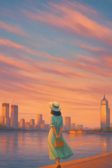 Woman Watching City Sunset by the River – Peaceful Evening Illustration