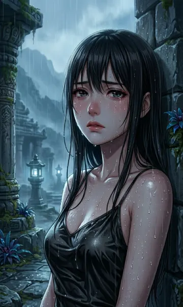 Rainy Melancholy – 8k Distressed Anime Portrait