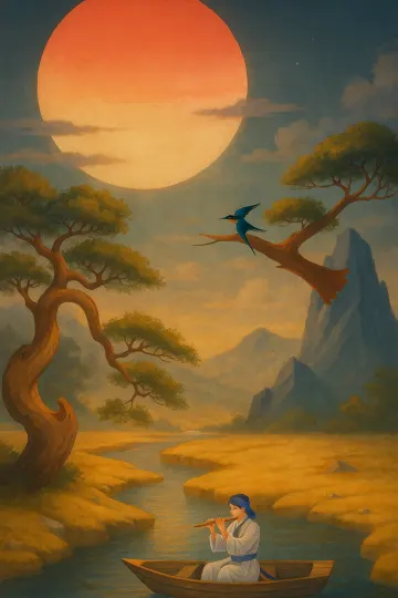 "Serene Sunset Boat Ride with Flute Music – Peaceful Nature Art"