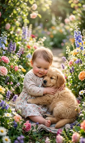 Cute Baby Hugging a Fluffy Puppy – Heartwarming 4K Wallpaper