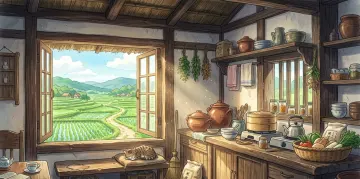 Sunlit Rustic Ghibli Kitchen with Scenic Paddy Field View 