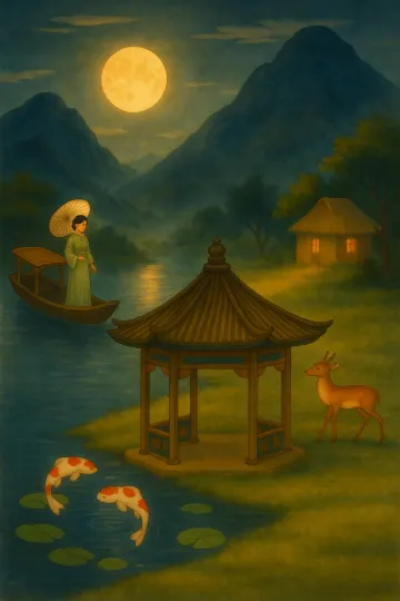 "Serene Moonlit Japanese Garden with Koi Fish, Deer, and Traditional Pavilion"