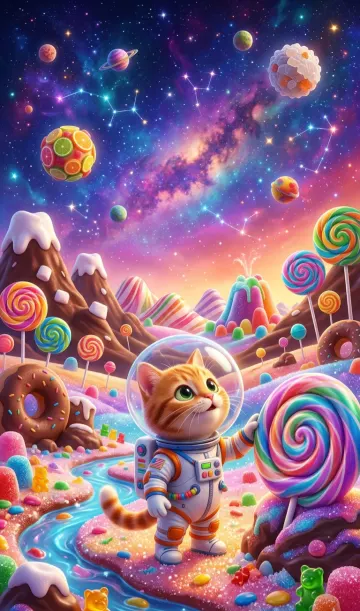 Cat Astronaut Exploring a Candy Planet