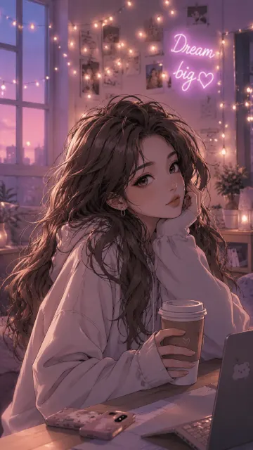 Aesthetic Webtoon Girl Coffee Pastel 4K Wallpaper  