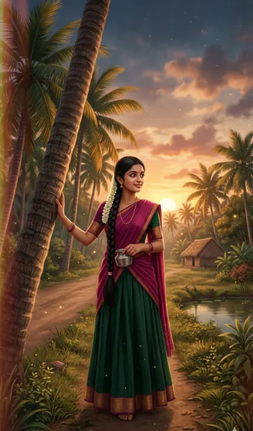 Tamil Village Girl Sunset Traditional 4K Wallpaper