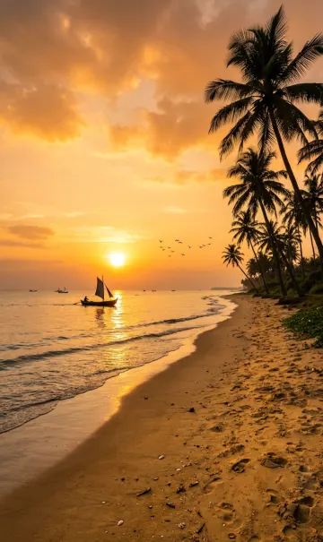 Tamil Beach Sunset Coconut Trees 4K Wallpaper  