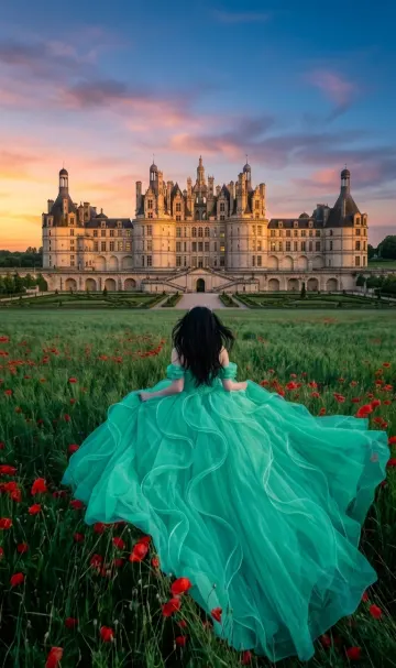 Enchanting Princess in a Poppy Field at Sunset 