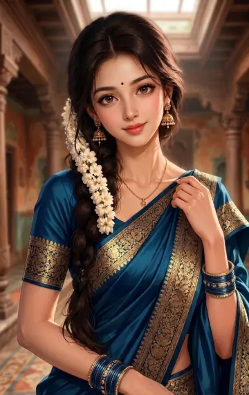 Elegant Indian Woman in Royal Blue Silk Saree 