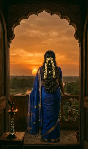 Elegant Indian Woman in Blue Saree Watching Sunset – Traditional Aesthetic Wallpaper 
