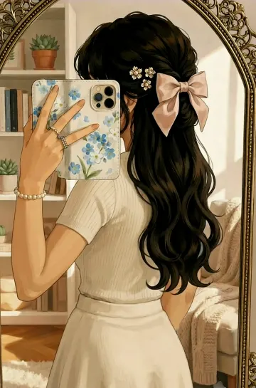 Aesthetic Anime Girl Mirror Selfie Wallpaper | High-Quality Digital Art 